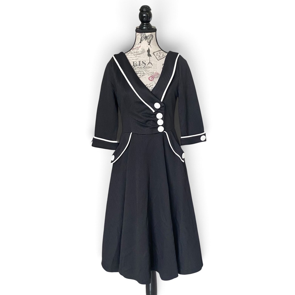 Voodoo Vixen Dress Womens Small Black White Piping Retro Pinup Rockabilly Midi